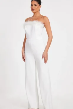 Quiz White Feather Trim Jumpsuit Hot