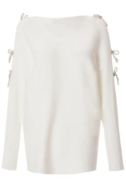 Quiz White Knitted Diamante Bow Jumper Hot