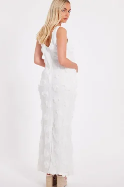 Quiz White Knitted Floral Midaxi Dress Outlet