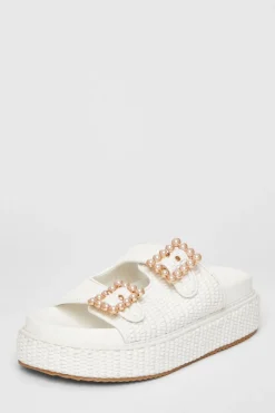 Quiz Pearl Buckle Flatform White Sale