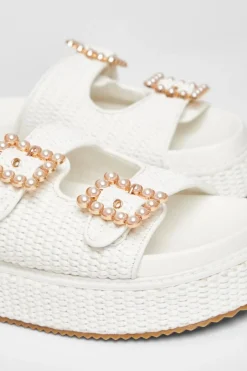 Quiz Pearl Buckle Flatform White Sale