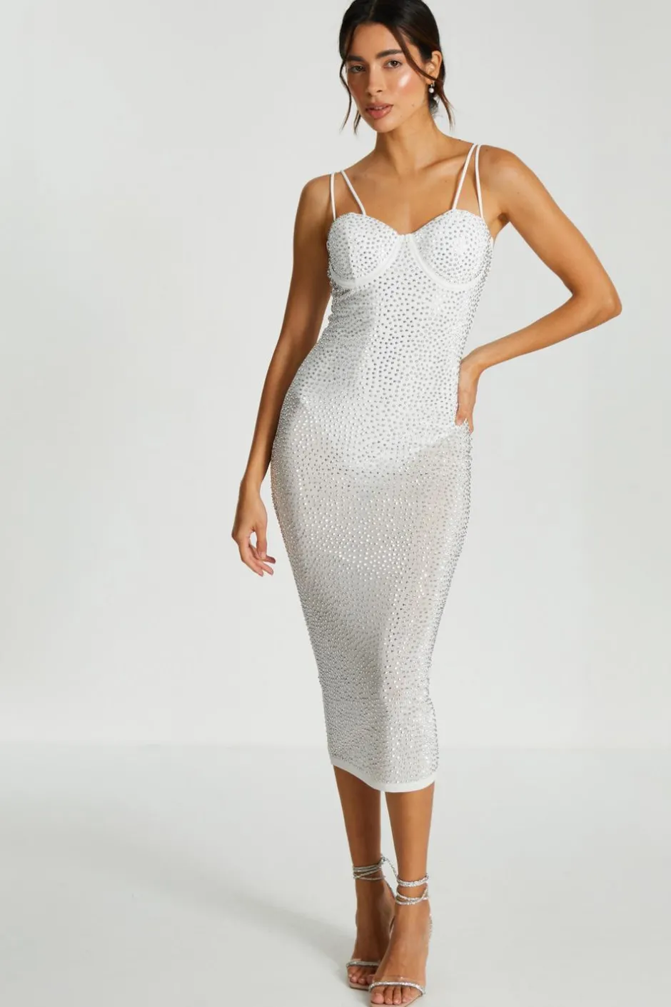 Quiz Rhinestone Bodycon Midi Dress White New