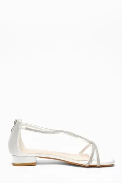 Quiz Satin Diamante T-Strap Flat Sandals White Best