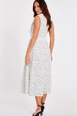 Quiz Tie Neck Polka Dot Midaxi Dress White Clearance