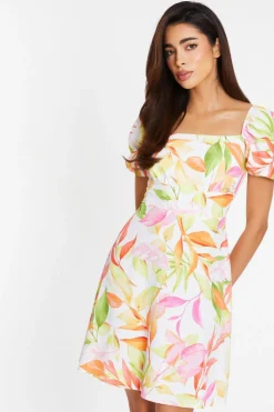 Quiz White Tropical Print Skater Dress Outlet