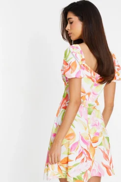 Quiz White Tropical Print Skater Dress Outlet