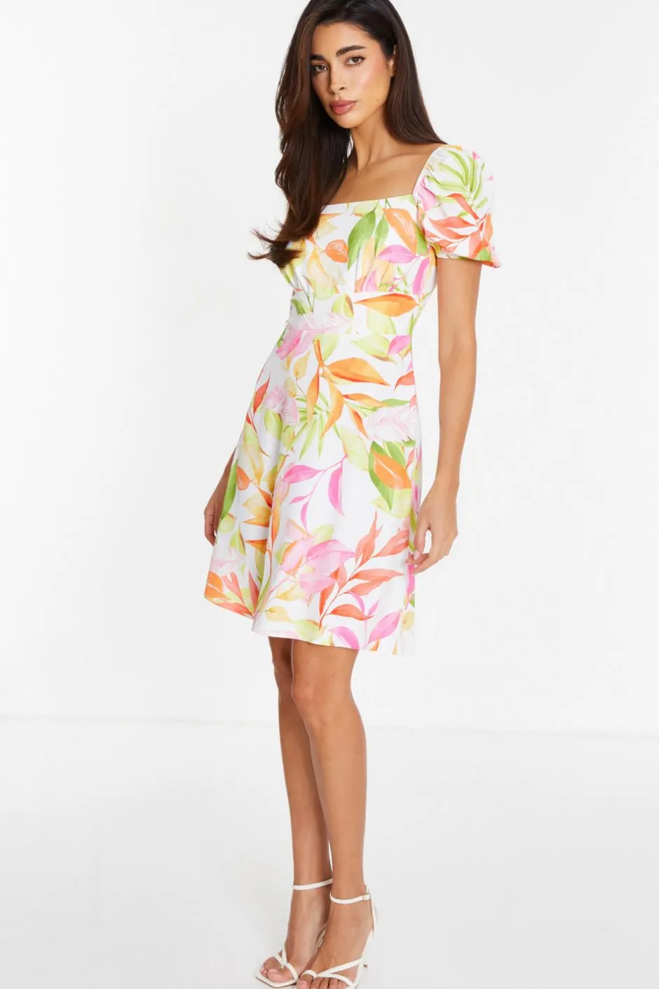 Quiz White Tropical Print Skater Dress Outlet
