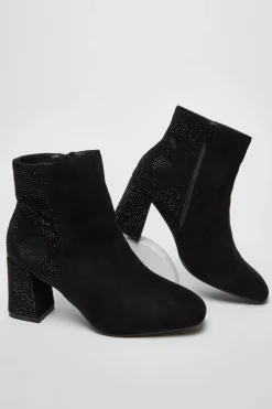 Quiz Wide Fit Black Diamante Ankle Boots