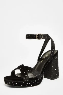 Quiz Wide Fit Black Diamante Block Heels Outlet
