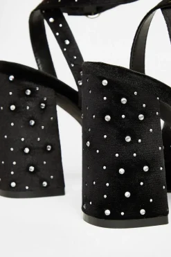 Quiz Wide Fit Black Diamante Block Heels Outlet