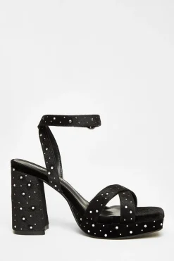 Quiz Wide Fit Black Diamante Block Heels Outlet