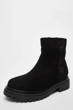 Quiz Wide Fit Black Diamante Faux Suede Ankle Boots Clearance