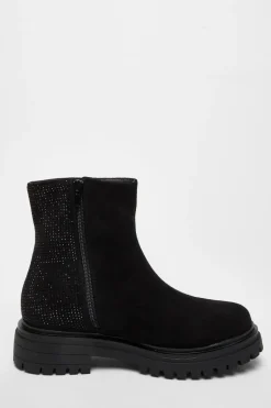 Quiz Wide Fit Black Diamante Faux Suede Ankle Boots Clearance