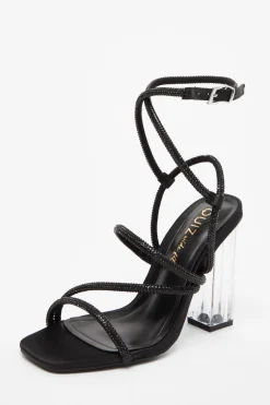 Quiz Wide Fit Black Diamante Heeled Sandals Outlet