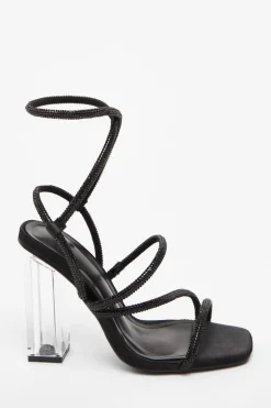 Quiz Wide Fit Black Diamante Heeled Sandals Outlet
