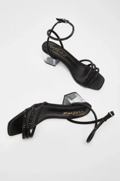 Quiz Wide Fit Black Diamante Low Heeled Sandal