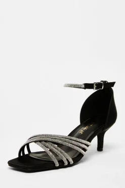 Quiz Wide Fit Black Diamante Short Heels Outlet