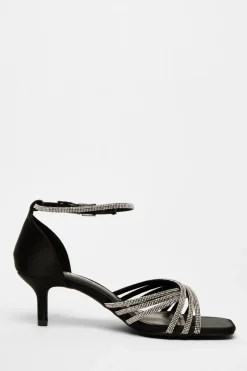 Quiz Wide Fit Black Diamante Short Heels Outlet