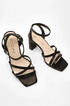 Quiz Wide Fit Black Faux Leather Strappy Heeled Sandals Online