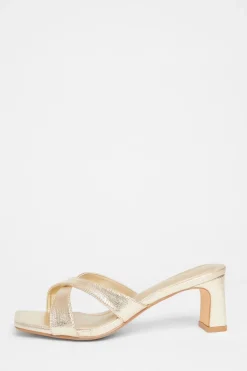 Quiz Wide Fit Cross Strap Mule Heels Gold Sale