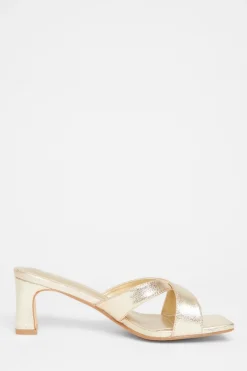 Quiz Wide Fit Cross Strap Mule Heels Gold Sale