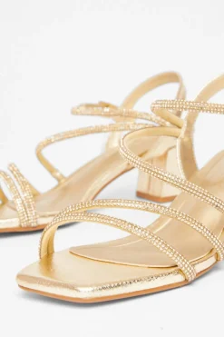 Quiz Wide Fit Diamante Block Heels Gold New