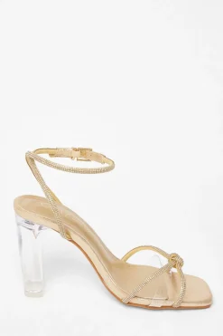 Quiz Wide Fit Diamante Clear Block Heels Gold Discount