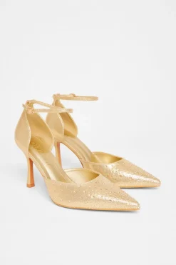 Quiz Wide Fit Diamante Court Heels Gold Hot