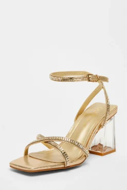Quiz Wide Fit Diamante Heels Gold