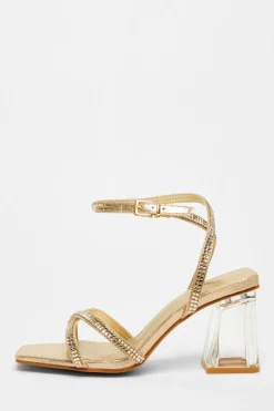 Quiz Wide Fit Diamante Heels Gold