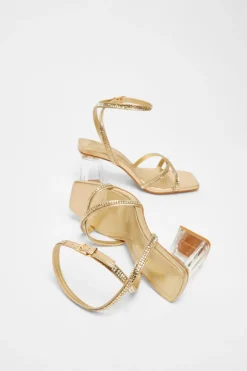 Quiz Wide Fit Diamante Heels Gold