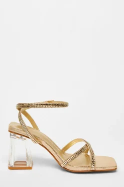 Quiz Wide Fit Diamante Heels Gold