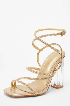 Quiz Wide Fit Gold Diamante Heeled Sandals Sale