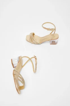 Quiz Wide Fit Gold Diamante Low Heeled Sandal Clearance