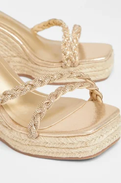 Quiz Wide Fit Diamante Platform Wedges Gold Best