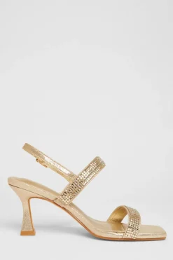 Quiz Wide Fit Diamante Strappy Heels Gold New