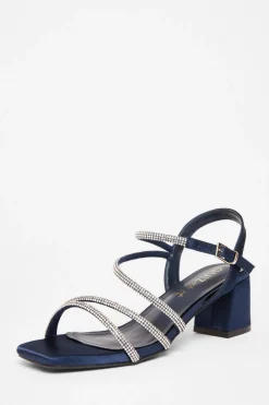 Quiz Wide Fit Diamante Block Heels Navy Clearance