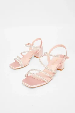 Quiz Wide Fit Diamante Block Heels Pink New