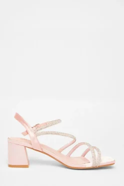 Quiz Wide Fit Diamante Block Heels Pink New