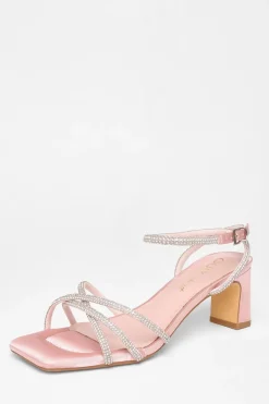 Quiz Wide Fit Diamante Strap Block Heels Pink Clearance