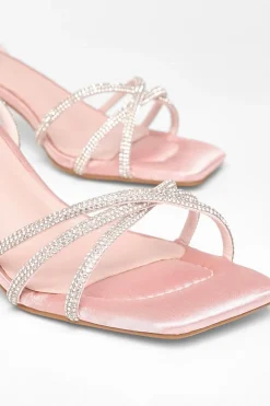 Quiz Wide Fit Diamante Strap Block Heels Pink Clearance