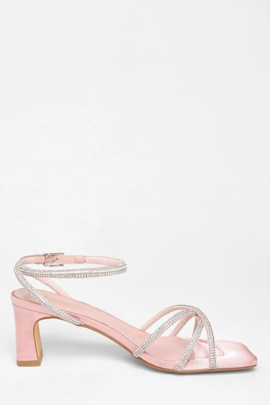 Quiz Wide Fit Diamante Strap Block Heels Pink Clearance
