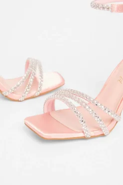 Quiz Wide Fit Diamante Strap Heels Pink