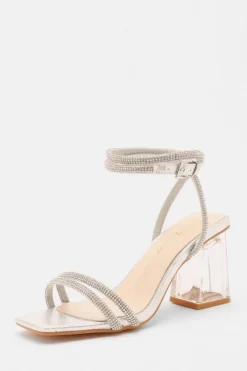Quiz Wide Fit Silver Diamante Clear Block Heeled Sandals Best
