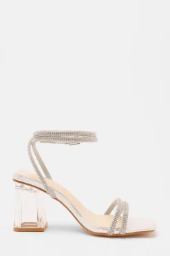 Quiz Wide Fit Silver Diamante Clear Block Heeled Sandals Best