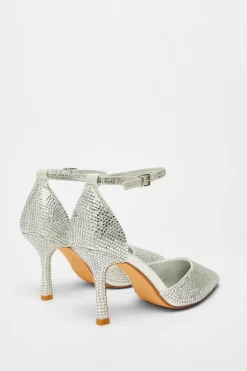 Quiz Wide Fit Silver Diamante Court Heels Hot