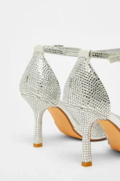 Quiz Wide Fit Silver Diamante Court Heels Hot