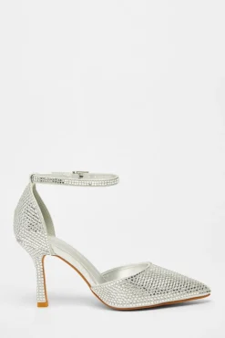 Quiz Wide Fit Silver Diamante Court Heels Hot