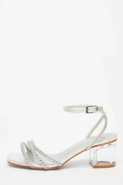 Quiz Wide Fit Silver Diamante Low Heeled Sandal Clearance