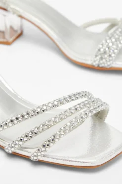 Quiz Wide Fit Silver Diamante Low Heeled Sandal Clearance